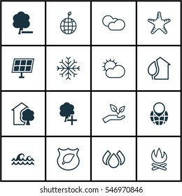 Set Of 16 Eco-Friendly Icons. Includes Pin Earth, Cloud Cumulus, Ocean Wave And Other Symbols. Beautiful Design Elements.