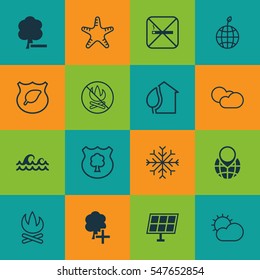 Set Of 16 Eco-Friendly Icons. Includes Timber, Insert Woods, Delete Woods And Other Symbols. Beautiful Design Elements.