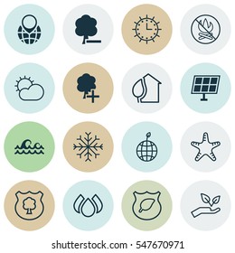 Set Of 16 Eco-Friendly Icons. Includes Delete Woods, Aqua, Clear Climate And Other Symbols. Beautiful Design Elements.