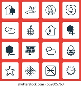 Set Of 16 Eco-Friendly Icons. Includes Sun Power, Insert Woods, Delete Woods And Other Symbols. Beautiful Design Elements.