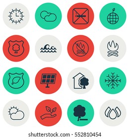 Set Of 16 Eco-Friendly Icons. Includes Save World, Clear Climate, Cloud Cumulus And Other Symbols. Beautiful Design Elements.