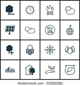 Set Of 16 Eco-Friendly Icons. Includes Save World, Snow, Delete Woods And Other Symbols. Beautiful Design Elements.