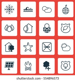 Set Of 16 Eco-Friendly Icons. Includes Clear Climate, Home, Ocean Wave And Other Symbols. Beautiful Design Elements.