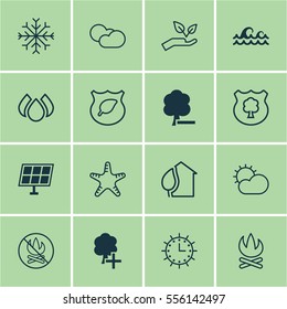 Set Of 16 Eco-Friendly Icons. Includes Sun Power, Bonfire, Ocean Wave And Other Symbols. Beautiful Design Elements.
