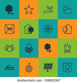 Set Of 16 Eco-Friendly Icons. Includes Ocean Wave, Pin Earth, Timber And Other Symbols. Beautiful Design Elements.