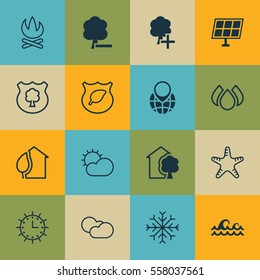 Set Of 16 Eco-Friendly Icons. Includes Guard Tree, Timber, Bonfire And Other Symbols. Beautiful Design Elements.