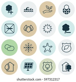 Set Of 16 Eco-Friendly Icons. Includes Cloud Cumulus, Aqua, Guard Tree And Other Symbols. Beautiful Design Elements.