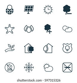 Set Of 16 Eco-Friendly Icons. Includes Save World, Sea Star, Pin Earth And Other Symbols. Beautiful Design Elements.
