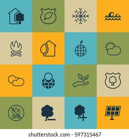Set Of 16 Eco-Friendly Icons. Includes Bonfire, Save World, Delete Woods And Other Symbols. Beautiful Design Elements.