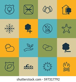 Set Of 16 Eco-Friendly Icons. Includes Insert Woods, Clear Climate, Aqua And Other Symbols. Beautiful Design Elements.
