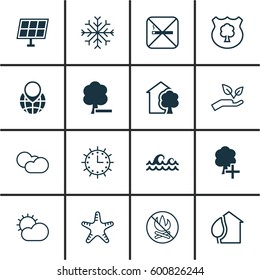 Set Of 16 Eco-Friendly Icons. Includes Clear Climate, Cloud Cumulus, Sea Star And Other Symbols. Beautiful Design Elements.