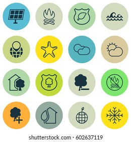 Set Of 16 Eco-Friendly Icons. Includes Snow, Clear Climate, Timber And Other Symbols. Beautiful Design Elements.