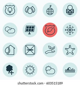 Set Of 16 Eco-Friendly Icons. Includes Cloud Cumulus, Timber, Pin Earth And Other Symbols. Beautiful Design Elements.