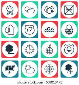 Set Of 16 Eco-Friendly Icons. Includes Aqua, Delete Woods, Cloud Cumulus And Other Symbols. Beautiful Design Elements.