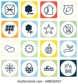 Set Of 16 Eco-Friendly Icons. Includes Delete Woods, Pin Earth, Sea Star And Other Symbols. Beautiful Design Elements.