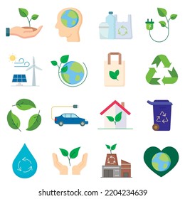 Set of 16 ecology and environment icons. flat style