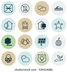 Set Of 16 Ecology Icons. Includes Fire Banned, Ocean Wave, Bonfire And Other Symbols. Beautiful Design Elements.