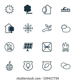 Set Of 16 Ecology Icons. Includes Save World, Fire Banned, Bonfire And Other Symbols. Beautiful Design Elements.