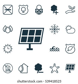 Set Of 16 Ecology Icons. Includes Snow, Ocean Wave, Guard Tree And Other Symbols. Beautiful Design Elements.