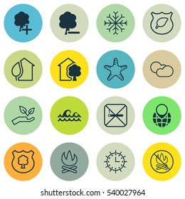 Set Of 16 Ecology Icons. Includes Pin Earth, Cloud Cumulus, Bonfire And Other Symbols. Beautiful Design Elements.