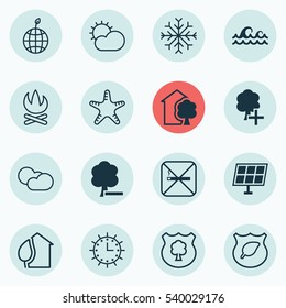 Set Of 16 Ecology Icons. Includes Bonfire, World Ecology, Timber And Other Symbols. Beautiful Design Elements.
