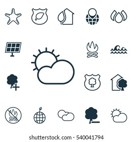 Set Of 16 Ecology Icons. Includes Sun Power, World Ecology, Bonfire And Other Symbols. Beautiful Design Elements.