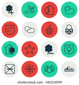 Set Of 16 Ecology Icons. Includes Cloud Cumulus, Pin Earth, Home And Other Symbols. Beautiful Design Elements.