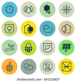 Set Of 16 Ecology Icons. Includes Home, Cigarette, Sun Power And Other Symbols. Beautiful Design Elements.