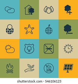 Set Of 16 Ecology Icons. Includes Cloud Cumulus, Sun Power, Cigarette And Other Symbols. Beautiful Design Elements.