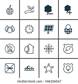 Set Of 16 Ecology Icons. Includes Timber, Sun Power, Aqua And Other Symbols. Beautiful Design Elements.