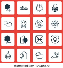 Set Of 16 Ecology Icons. Includes Snow, Pin Earth, Ocean Wave And Other Symbols. Beautiful Design Elements.