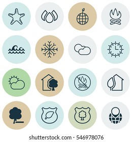 Set Of 16 Ecology Icons. Includes Home, Snow, Ocean Wave And Other Symbols. Beautiful Design Elements.
