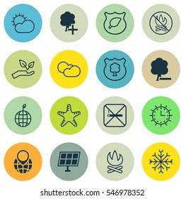 Set Of 16 Ecology Icons. Includes Delete Woods, Clear Climate, Sun Clock And Other Symbols. Beautiful Design Elements.
