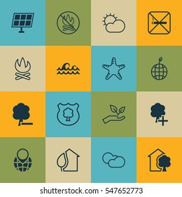 Set Of 16 Ecology Icons. Includes Ocean Wave, Home, Cloud Cumulus And Other Symbols. Beautiful Design Elements.