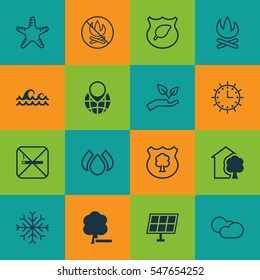 Set Of 16 Ecology Icons. Includes Pin Earth, Sun Power, Ocean Wave And Other Symbols. Beautiful Design Elements.