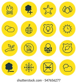 Set Of 16 Ecology Icons. Includes Save World, Cigarette, Fire Banned And Other Symbols. Beautiful Design Elements.