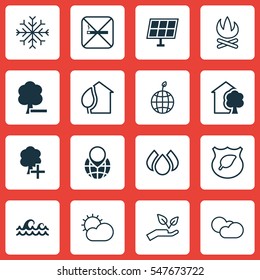 Set Of 16 Ecology Icons. Includes Home, World Ecology, Ocean Wave And Other Symbols. Beautiful Design Elements.