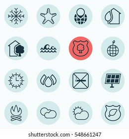 Set Of 16 Ecology Icons. Includes Aqua, Guard Tree, Ocean Wave And Other Symbols. Beautiful Design Elements.