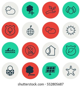 Set Of 16 Ecology Icons. Includes Insert Woods, Home, Save World And Other Symbols. Beautiful Design Elements.