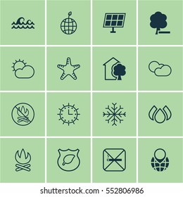 Set Of 16 Ecology Icons. Includes Ocean Wave, Sea Star, Delete Woods And Other Symbols. Beautiful Design Elements.