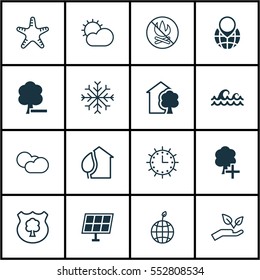 Set Of 16 Ecology Icons. Includes Timber, Home, Clear Climate And Other Symbols. Beautiful Design Elements.