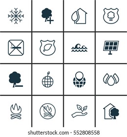 Set Of 16 Ecology Icons. Includes Snow, Fire Banned, Home And Other Symbols. Beautiful Design Elements.