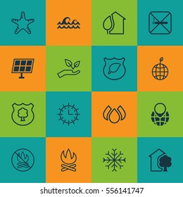 Set Of 16 Ecology Icons. Includes Fire Banned, Timber, Cigarette And Other Symbols. Beautiful Design Elements.