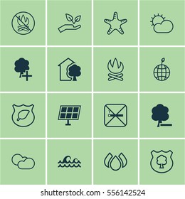 Set Of 16 Ecology Icons. Includes Delete Woods, World Ecology, Bonfire And Other Symbols. Beautiful Design Elements.