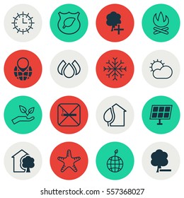 Set Of 16 Ecology Icons. Includes Aqua, Clear Climate, World Ecology And Other Symbols. Beautiful Design Elements.