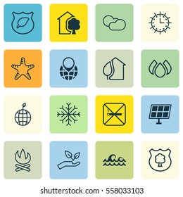 Set Of 16 Ecology Icons. Includes Ocean Wave, World Ecology, Timber And Other Symbols. Beautiful Design Elements.