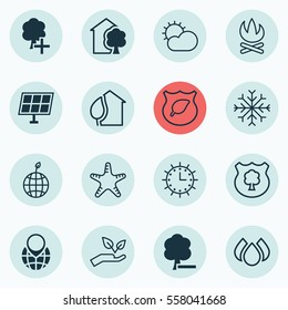 Set Of 16 Ecology Icons. Includes Sea Star, Save World, Delete Woods And Other Symbols. Beautiful Design Elements.