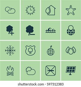 Set Of 16 Ecology Icons. Includes Aqua, Delete Woods, Sun Clock And Other Symbols. Beautiful Design Elements.