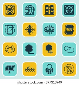 Set Of 16 Ecology Icons. Includes Cloud Cumulus, Pin Earth, Guard Tree And Other Symbols. Beautiful Design Elements.