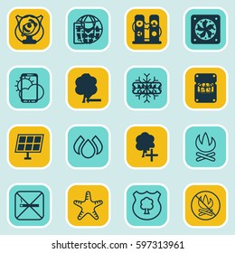 Set Of 16 Ecology Icons. Includes Insert Woods, Clear Climate, Sea Star And Other Symbols. Beautiful Design Elements.